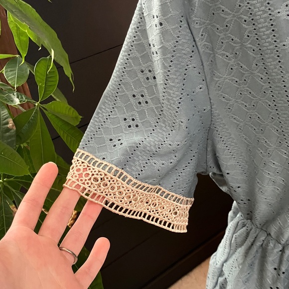 SHEIN Blue Eyelet Lace Trim Blouse - Picture 4 of 6